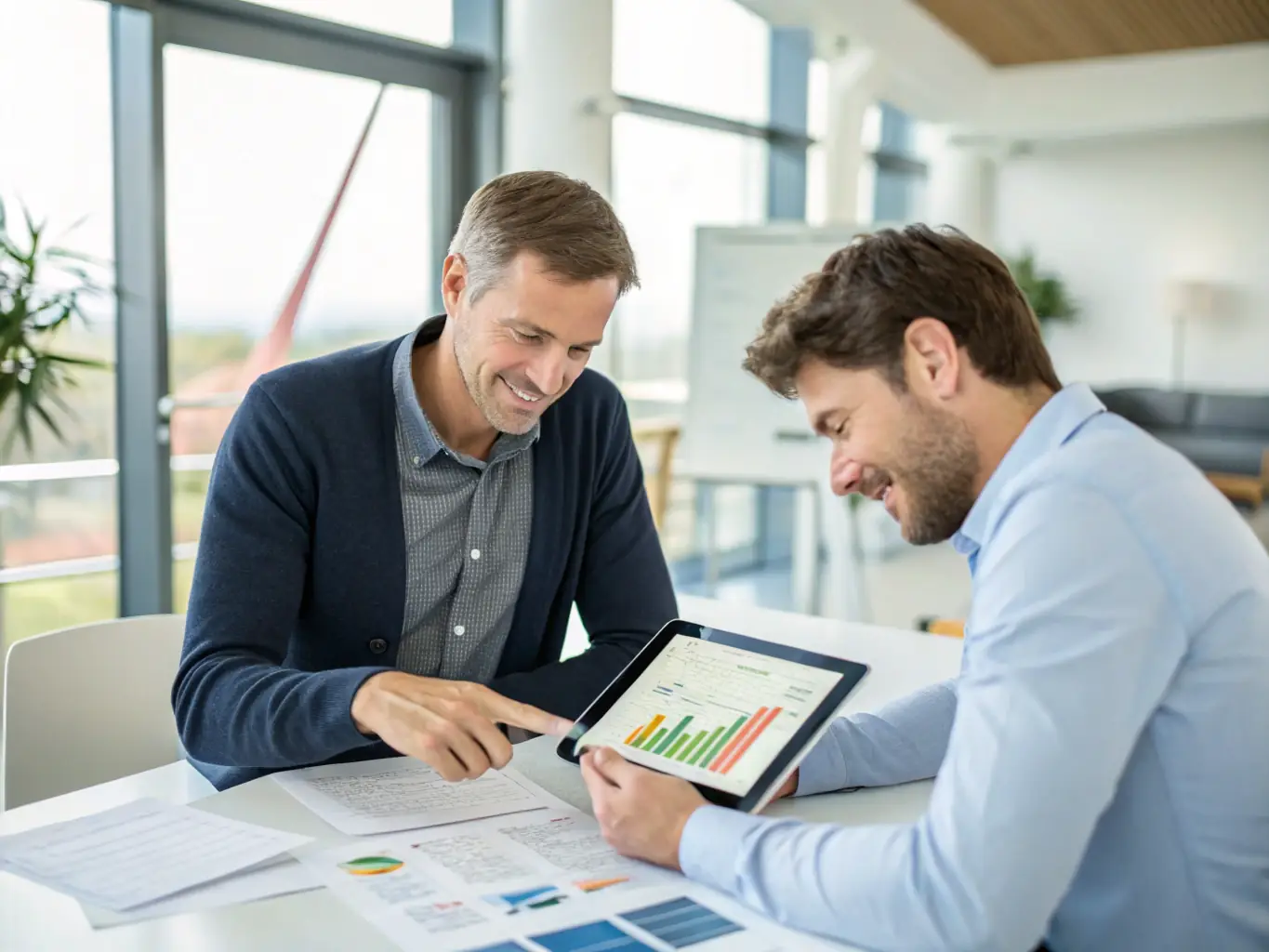 A consultant in a bright, modern home, pointing at an energy consumption chart on a tablet while discussing energy-saving strategies with a smiling homeowner.