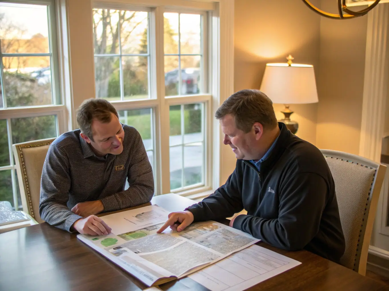 A homeowner reviewing a detailed energy efficiency report with a consultant, highlighting potential savings and recommended upgrades.