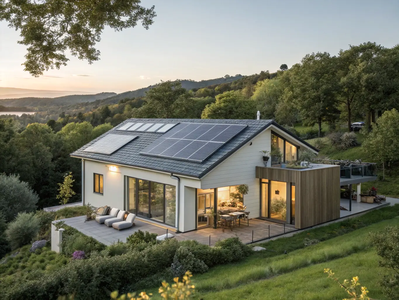 A split-level home with solar panels on the roof and smart home devices visible inside, showcasing a blend of energy efficiency and modern technology.