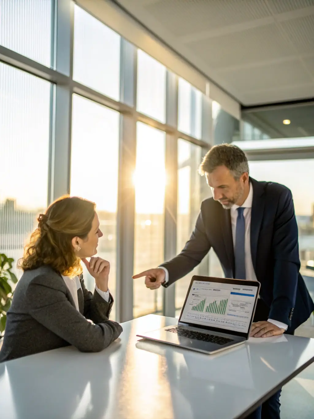 A consultant working with a client in a modern office setting, discussing business strategies and solutions.