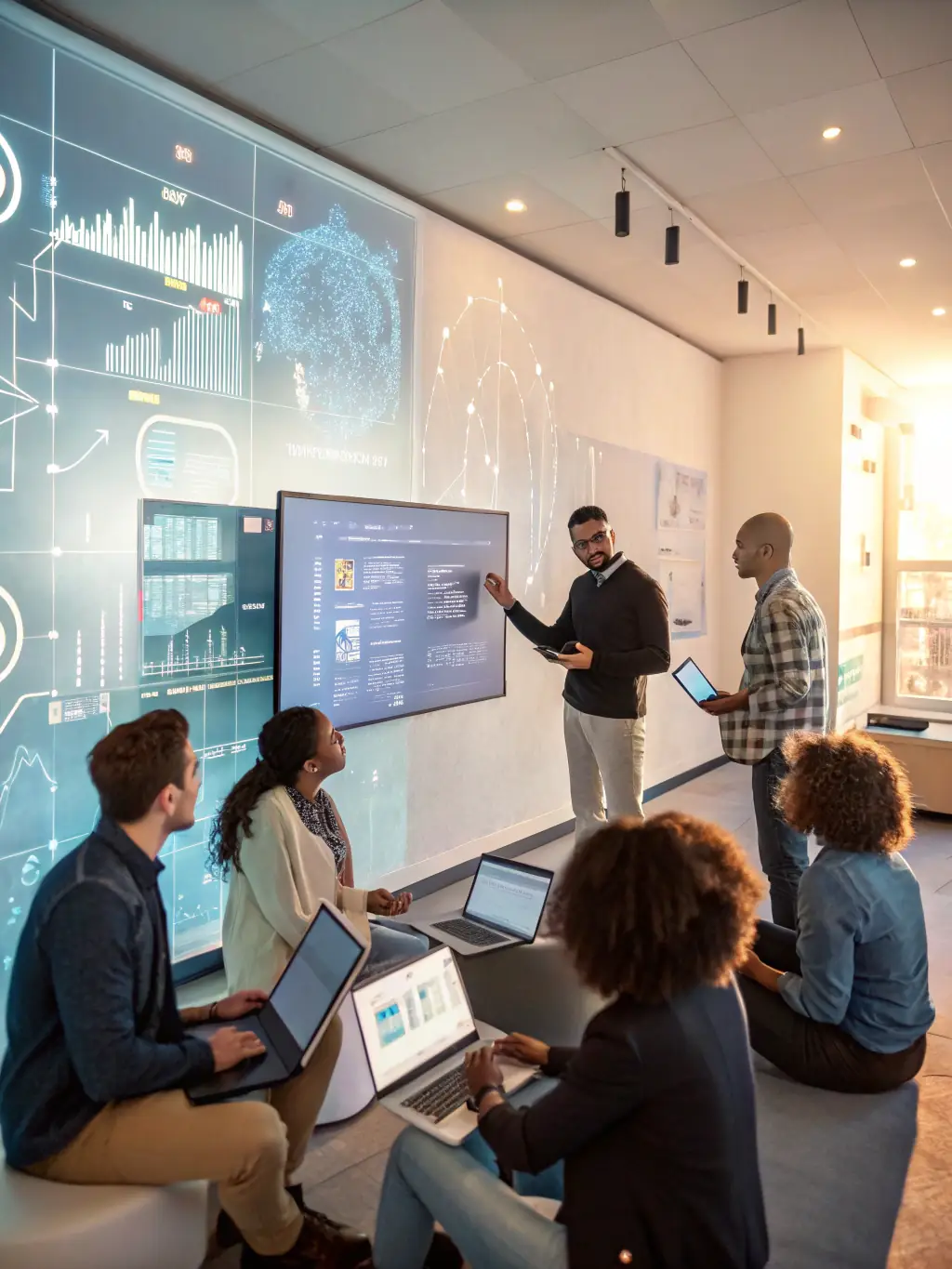 A team of consultants collaborating on a project, analyzing data and developing insights.